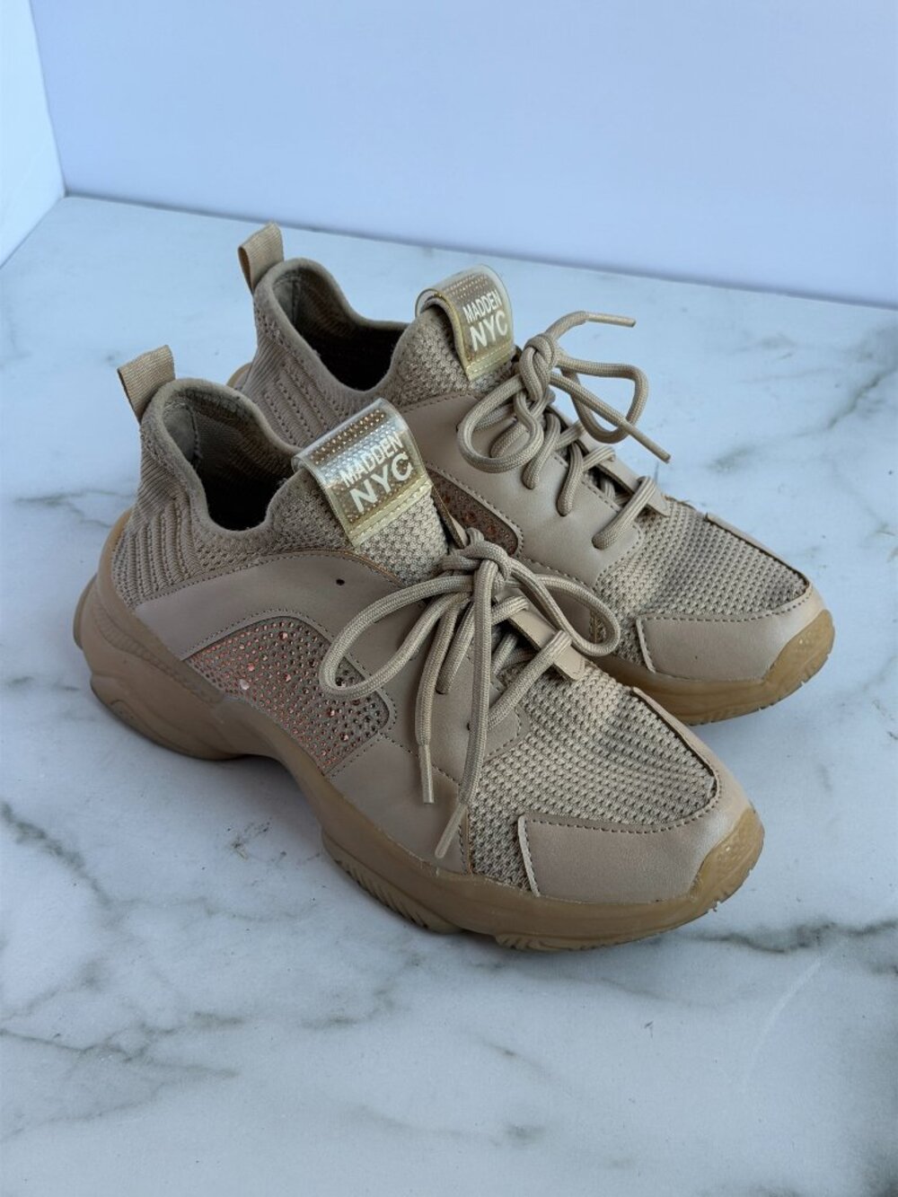 Madden NYC Rhinestone Sneakers Womens 8 Nude Beige Chunky Shoes